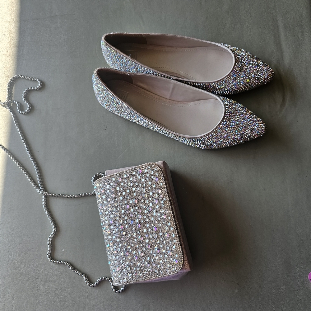 Davids bridal rhinestone flats and matching purse